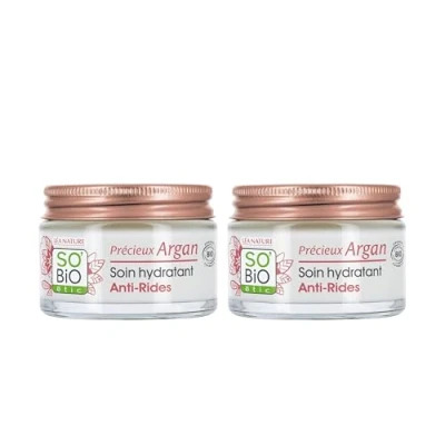 Abbildung von LÉA NATURE SO Bio Étic Feuchtigkeitsspendende Anti Falten Tagespflege wertvolles Argan reduziert und belebt die Haut Arganöl 99% natürlichen Ursprungs Made in France 2 x 50 ml