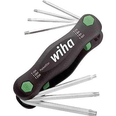 Abbildung von Wiha 25128, Klappbarer Torxschlüssel, T10, T15, T20, T25, T7, T8, T9, Schwarz, Grün, Chrom Vanadium Stahl, Kunststoff, 104 g