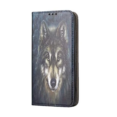 Abbildung von KX Mobile Hülle für Huawei P30 Lite Handyhülle Motiv 662 Wolf Schwarz Blau Premium Smart aus Kunstleder einseitig bedruckt HandyCover