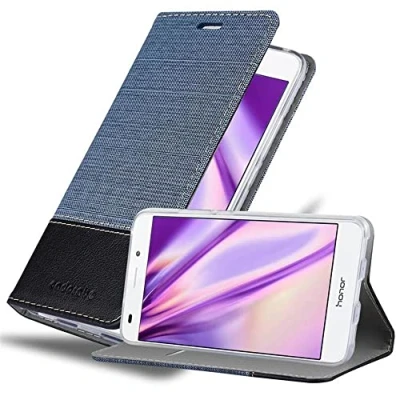 Abbildung von Cadorabo Hülle kompatibel mit Honor 5C aus Premium Jeans und Kunst Leder Flip Klappbare Stoßfeste Magnetische [Standfunktion] [Kartenfächern] Cover für Tasche in Blau