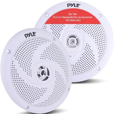 Abbildung von Pyle Outdoor Lautsprecher Box wasserdichte Speaker Musikanlage für die Terrasse, Pool &amp; Aufbaulautsprecher fürs Auto. 100W Aussenlautsprecher Wasserfest in Weiß