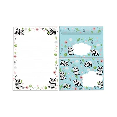 Abbildung von JUNAPACK Briefpapier Set Kinder Briefblock A5 mit Umschlägen Notizblock Papier Panda Bär, 15 Umschlägen, liniert &amp; leicht beschreibbar