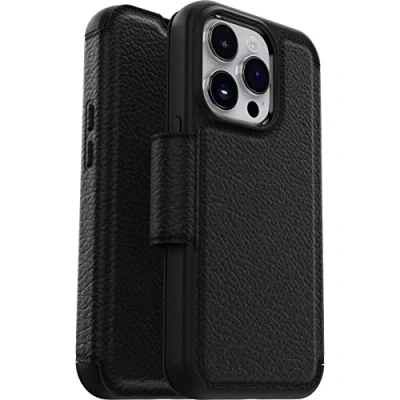 Abbildung von OtterBox Strada Hülle für iPhone 14 Pro, stoßfest, sturzsicher,Premium Lederfolio mit Zwei Kartenhaltern, 3X Schwarz, Keine Einzelhandelsverpackung