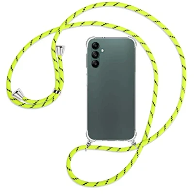 Abbildung von mtb more energy® Handykette kompatibel mit Samsung Galaxy A14 5G Neon Gelb gestreift Smartphone Hülle zum Umhängen Anti Shock Full TPU Case