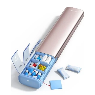 Abbildung von VAYDEER Tablettenbox 7 Tage Pillendose [Trockensicher] [Metall Reise Pillendose] [Große Kapazität] [Tablettenbox 2 mal täglich] Pillenbox Tabletten Organizer Medikamentenbox (Roségold)