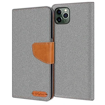Abbildung von Verco kompatibel mit Apple iPhone 11 Pro Hülle, Schutzhülle für Tasche Denim Textil Book Case Flip (5,8 Zoll) Klapphülle, Grau