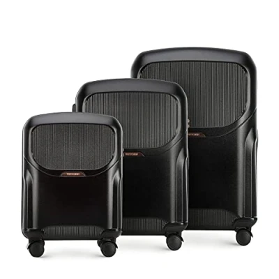 Abbildung von WITTCHEN Stilvoller Koffer Set of 3 Trolley Strapazierfähigem Polycarbonat 4 Doppel Lenkrollen TSA Zahlenschloss (S+M+L) Schwarz Elemente in Roségold