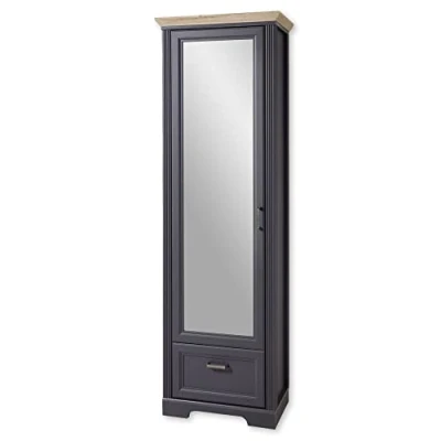 Abbildung von Stella Trading JASMIN Garderobenschrank mit Spiegel in Graphit, Artisan Eiche Optik Landhausstil Flurgarderoben Schrank ausziehbarer Kleiderstange 65 x 204 41 cm (B/H/T)