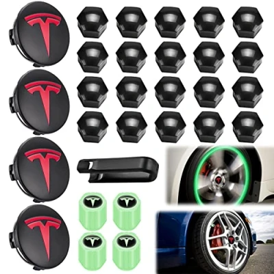 Abbildung von Tesla Radkappen Set: Kit Center Set Radmuttern Mutter Abdeckung mit Logo Emblem Änderung Nabenabdeckung Abdeckkappen Nabendeckel für Model Y 3 X S