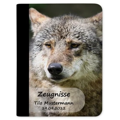 Abbildung von CreaDesign, Kinder Zeugnismappe mit Namen personalisiert, Zeugnis Mappe Wolf 10 Klarsichthüllen, A4, 26,7 x 32,7 1 cm, Rücken schwarz