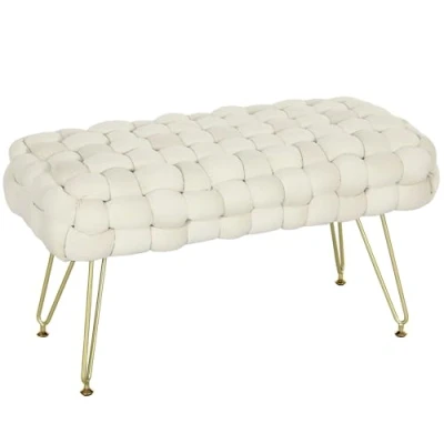 Abbildung von HOMCOM Sitzhocker, Polsterbank mit Samtoptik, Fußbank gepolstertem Sitz, Metallbeine, Fußstütze, für Wohnzimmer, Schlafzimmer, 76 x 38 41,5 cm, Cremeweiß
