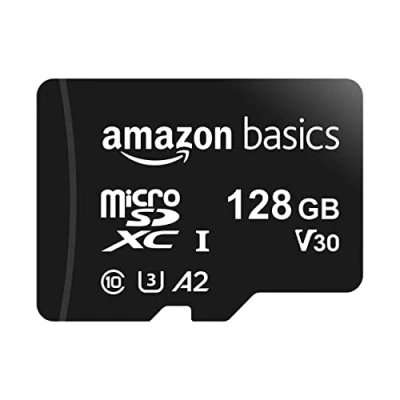 Abbildung von Amazon Basics MicroSDXC Speicherkarte, 128 GB, mit SD Adapter, A2, U3, 100 MB/s max. Lesegeschwindigkeit, Schwarz