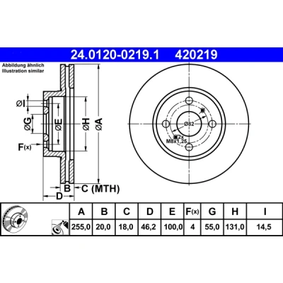Abbildung von ATE 24.0120 0219.1 Bremsscheibe 255,0 20,0 4 100,0 Belüftet beschichtet TOYOTA: iQ