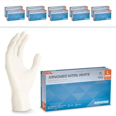 Abbildung von 1000 Stück ARNOMED Einweghandschuhe Weiß, Einmalhandschuhe L, Nitril Handschuhe Einweg, Nitrilhandschuhe puder /latexfrei, Gummihandschuhe Schutzhandschuhe, XS, S, M, XL