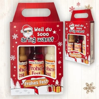 Abbildung von 3er Box Weihnachtsliköre Weil du so artig warst Kräuterlikör Likör Geschenk zu Weihnachten in schöner Geschenkverpackung