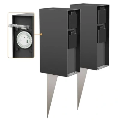 Abbildung von ledscom.de 2 Stück Garten Steckdosensäule POMI mit Erdspieß für außen, IP44, Timer/Zeitschaltuhr, Fach, anthrazit, eckig, 23cm