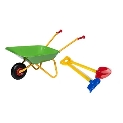 Abbildung von ROLLY TOYS 272846 Gartengeräte für Kinder Schubkarre, Set mit Schaufel und Rechen (Metallschubkarre bis 25 kg belastbar ab 2 ½ Jahren), Grün, 1 Rad