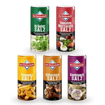 Abbildung von Bad Reichenhaller Grill Gewürz Set 5er Bundle jeweils 90g Dose Kräuter, Tomate Mozzarella, Pommes, Hähnchen, Knoblauch Salze Vegan ohne Geschmacksverstärker Glutenfrei Gewürzpaket