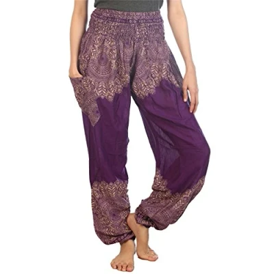 Abbildung von Lofbaz Damen Haremshose mit gesmoktem Boho Hosen Floral Violett Size XL