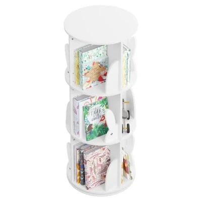 Abbildung von WOLTU Bücherregal Kinder, drehbares Kinderregal mit 4 Ebenen, Bücher Regal Kinderzimmer Wohnzimmer, Drehregal Spielzeugregal Kinderbücherregal Standregal, freistehend, Weiß, KR036ws