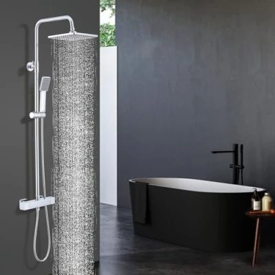 Abbildung von HOMELODY Duschsystem mit Thermostat Chrom Duscharmatur Edelstahl Regendusche Armatur inkl.Sicherheitssperre bei 38C, ABS Handbrause,Kopfbrause,Verstellbarer Duschstange,Duscharmatur komplettset