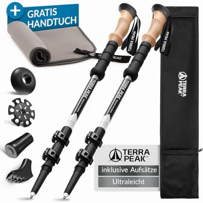 Abbildung von Terra Peak Wanderstöcke Explorer 135 (inklusive Mikrofaserhandtuch und 4 zusätzliche Aufsätze), Mit ergonomischen Echtkorkgriffen, zum Wandern Nordic Walking
