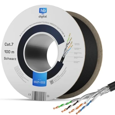 Abbildung von HB DIGITAL 100m CAT 7 Netzwerkkabel Outdoor LAN Kabel Verlegekabel S/FTP AWG23 doppelt geschirmt PiMF reines Kupfer max 10Gbit/s Netzwerk Installation Ethernet Datenkabel für Außenbereich Schwarz