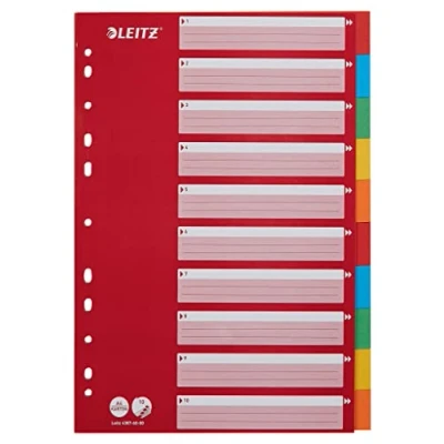 Abbildung von Leitz Register für A4, Deckblatt und 10 Trennblätter mit Taben, Rot/Mehrfarbig, Recyclingkarton, 43876000
