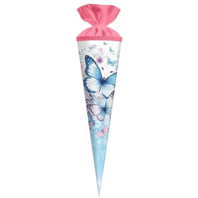 Abbildung von goldbuch 97 133 Schultüte Schmetterlingsgarten 70 cm rund, Zuckertüte Schmetterling x 19 cm, Geschenktüte Schmetterlingsmotiv, Geschenkverpackung aus Lackkarton, mit Filzverschluss, Blau Weiß
