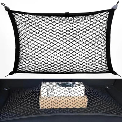 Abbildung von Gepäcknetz Auto, Kofferraumnetz 80x60cm Erstreckt Sich auf 180x120cm, Universal Auto Netz mit 4 massiven Haken, Kofferraum Wohnmobil Organizer