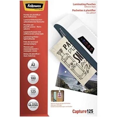 Abbildung von Fellowes Laminierfolie A3, 125 Mikron (2 x mic), mit selbstklebender Rückseite für Aushänge und Hinweisschilder, 100 Stück