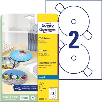 Abbildung von AVERY Zweckform C9660 25 selbstklebende CD Etiketten (50 blickdichte Aufkleber, Ø 117mm auf A4, SuperSize, Papier hochglänzend, bedruckbare Klebeetiketten für alle Inkjet Drucker) Blatt, weiß