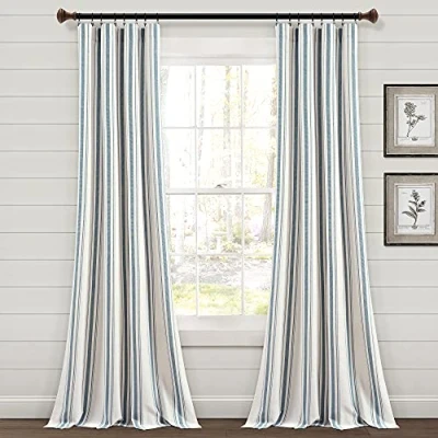 Abbildung von Lush Decor Farmhouse Fenstervorhang, gestreift, garngefärbt, Baumwolle, 107 x 213 cm, Blau
