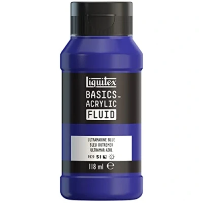 Abbildung von Liquitex 8870397 Basics Fluid Acrylfarbe mit fließender Konsiszenz, schnell trocknend, lichtecht, wasserfest, auf Wasserbasis, 118ml Flasche Ultramarinblau