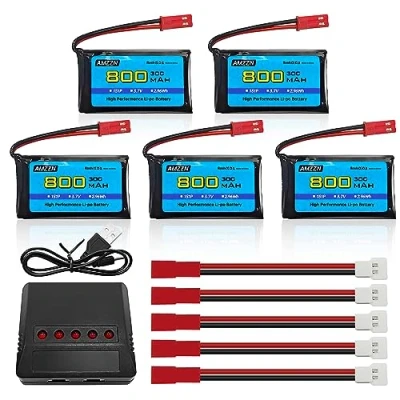 Abbildung von AMZZN 5 Stück 3,7V 800mAh 30C JST Lipo Akku mit Ladegerät in 1 für SYMA X56W MJX X400W X300C X800 HS110 HS200 S670 V950HD S1750 V2450 Quadcopter ferngesteuert