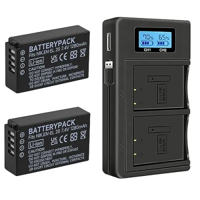 Abbildung von 2 Stück EN EL20 EL20a Akkus und Smart LCD Display Dual USB Ladegerät für Nikon Coolpix P950, P1000, DL24 500, A, 1 AW1, J1, J2, J3, S1, V3 Digital Kamera