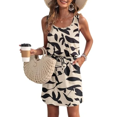 Abbildung von WNEEDU Sommerkleid Damen Ärmellose Strandkleid U Ausschnitt KordelzugKleid Luftiges Kleid Sommer mit Taschen Aprikosen Schwarz Blatt XL
