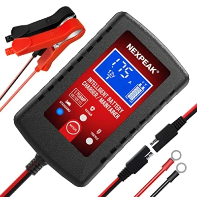 Abbildung von NEXPEAK Autobatterie Ladegerät 1,75 A, 6 V und 12 V, intelligentes Batterieladegerät, vollautomatisches Batterieladegerät für Auto, Rasenmäher, Motorrad