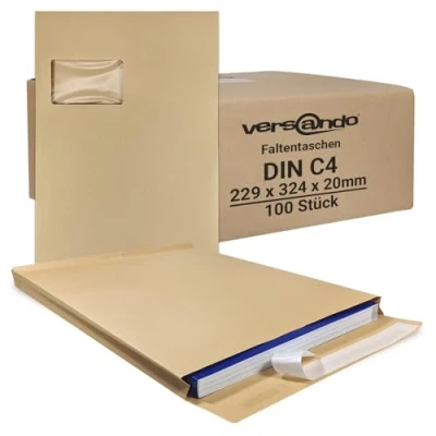 Abbildung von versando 100x C4 Faltentaschen 2cm Falte mit Fenster (229x324x20 mm) Versandtaschen Bodenfalte haftklebend braun