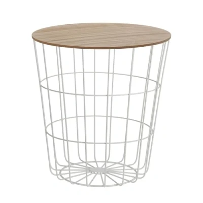 Abbildung von Spetebo Design Beistelltisch Metall Korb mit Holz Deckel dekorativer Sofatisch inkl. Korbablage Weiß