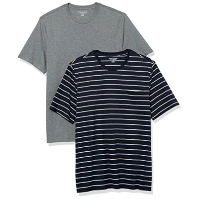 Abbildung von Amazon Essentials Herren T Shirt mit kurzen Ärmeln, Rundhalsausschnitt und Tasche in normaler Passform, 2er Pack, Grau Meliert/Marineblau Streifen, XS