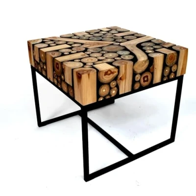 Abbildung von Brillibrum Design Teakholz Baumscheibentisch Beistelltisch Sitz Hocker Tisch handgefertigter aus Teak Holz kleine Baumscheiben Couchtisch (42x45x45 cm)