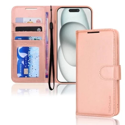 Abbildung von TECHGEAR hülle iPhone 15 Plus Leder klappbar, PU Flip Schutzhülle Ledertasche [Brieftasche] Handyhülle mit Ständer und Handschlaufe Roségold Kompatible
