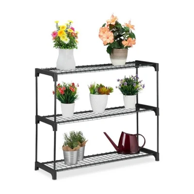Abbildung von Relaxdays Pflanzenregal, 3 Ablagen, für Blumen &amp; Pflanzentöpfe, Indoor, Metall Kunststoff, HBT: 72x91x28 cm, schwarz