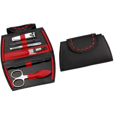 Abbildung von Sonnenschein by Hans Kniebes Maniküre Set 6 teilig Nagelschere, Feile, Pinzette, Hufstab, Reiniger, Knipser Nagelpflegeset Manicure Etui aus Rindleder schwarz/rot