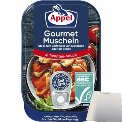 Abbildung von Appel Gourmet Muscheln in Tomaten Sauce (100g Dose) + usy Block