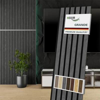 Abbildung von HEXIM Akustikpaneele Holz 140x30cm Grande 2er Set (0,844m²) Holzpaneele Wandpaneele 21mm Schalldämmung MDF Akustikfilz Wandverkleidung Grau Grey Ash