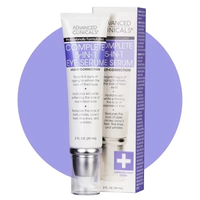 Abbildung von Advanced Clinicals 5 in 1 Multi Correction Anti Aging Eye Serum with Retinol, Collagen, Vitamin C, and Manuka Honey. For dark circles, wrinkles, crow&#039;s feet, fine lines. Large 2oz airless tube.