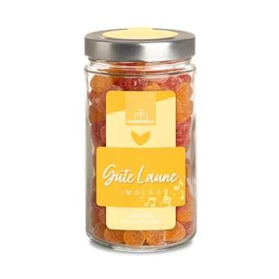 Abbildung von Gute Laune im Glas 530g Fruchtgummi Eine riesengroße Portion Gummibärchen Vorratsglas Anti Stress Hilfe bei schlechter Nervennahrung