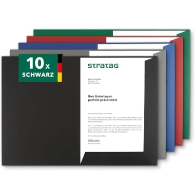 Abbildung von Präsentationsmappe A4 in Schwarz (10 Stück) sehr stabiler 350 g/m² Naturkarton direkt vom Hersteller STRATAG vielseitig einsetzbar für Ihre Angebote, Exposés, Projekte oder Geschäftsberichte